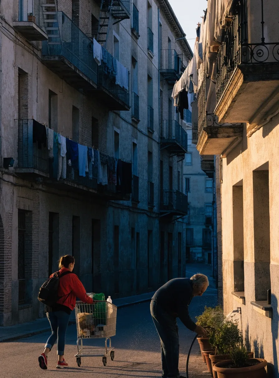 Fachadas de edificios residenciales españoles con balcones y bicicletas en la calle
