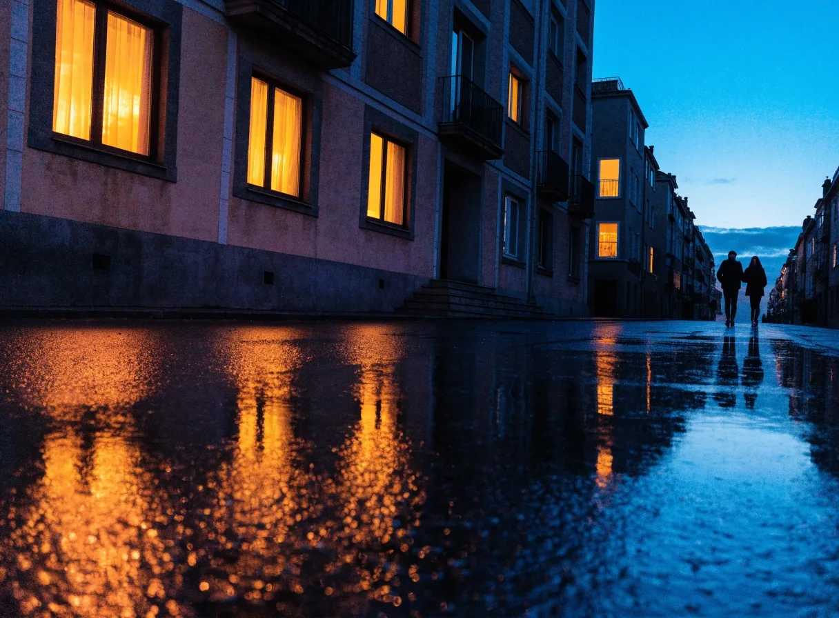Calle residencial de Barcelona al atardecer, con ventanas encendidas y luz reflejada en el pavimento