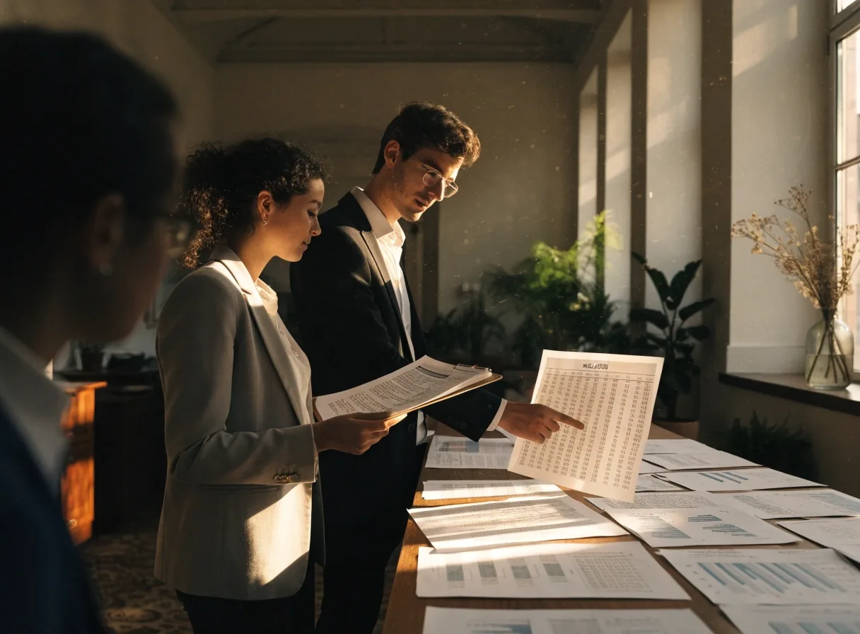 Dos personas revisando tablas de población impresas sobre una mesa de oficina