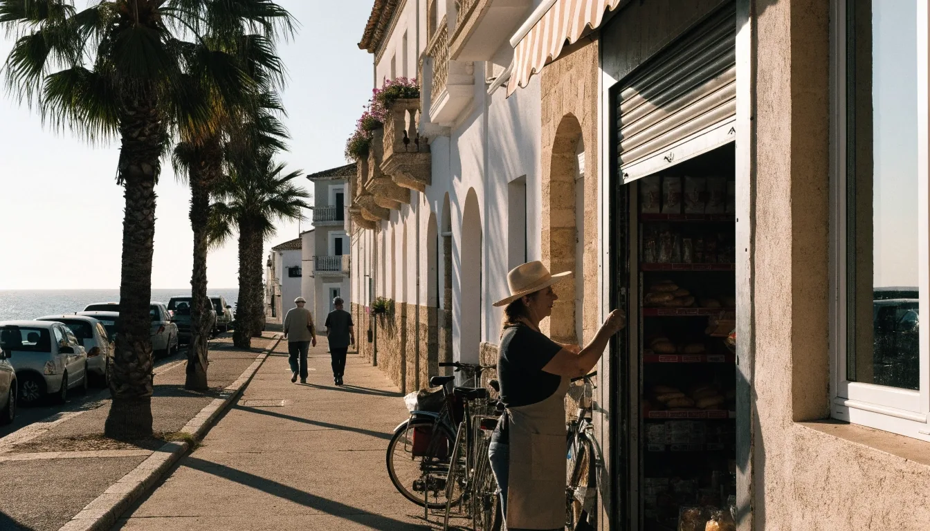 Localidad costera española abriendo sus comercios por la mañana