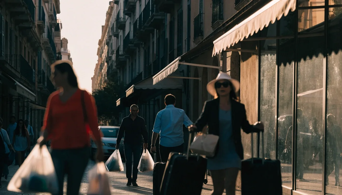 Residentes caminando por una calle urbana española en una tarde de luz suave