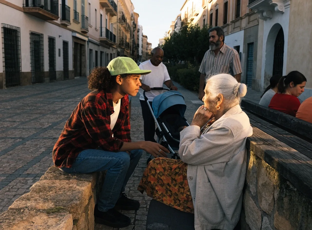 Encuentro vecinal en una plaza española con personas de distintas edades conversando al aire libre