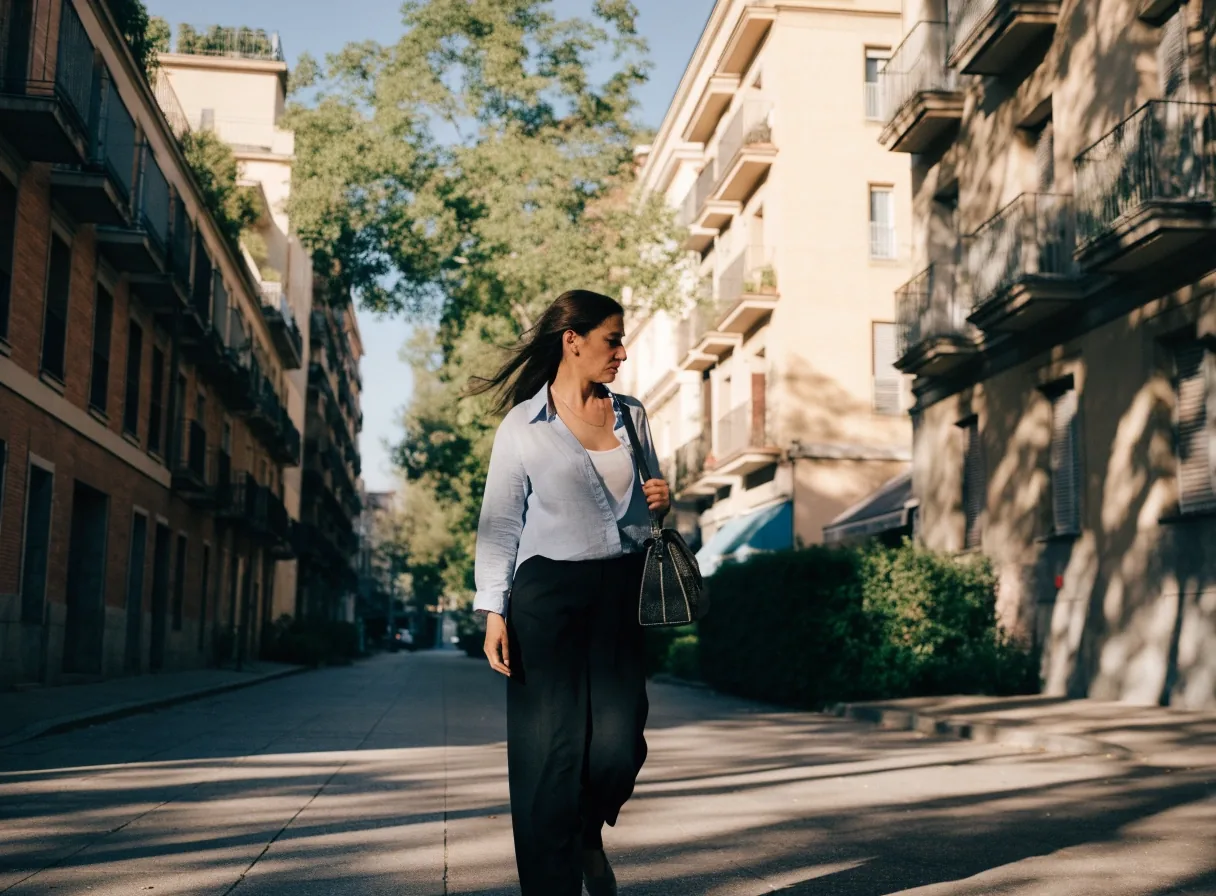 Mujer caminando por una calle residencial de Madrid con edificios altos al fondo en una mañana luminosa
