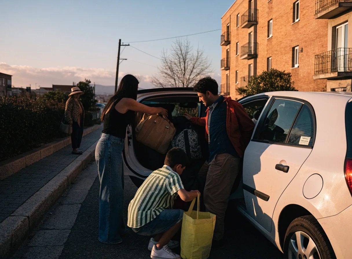 Calle residencial española al atardecer con vecinos y una mudanza en la acera