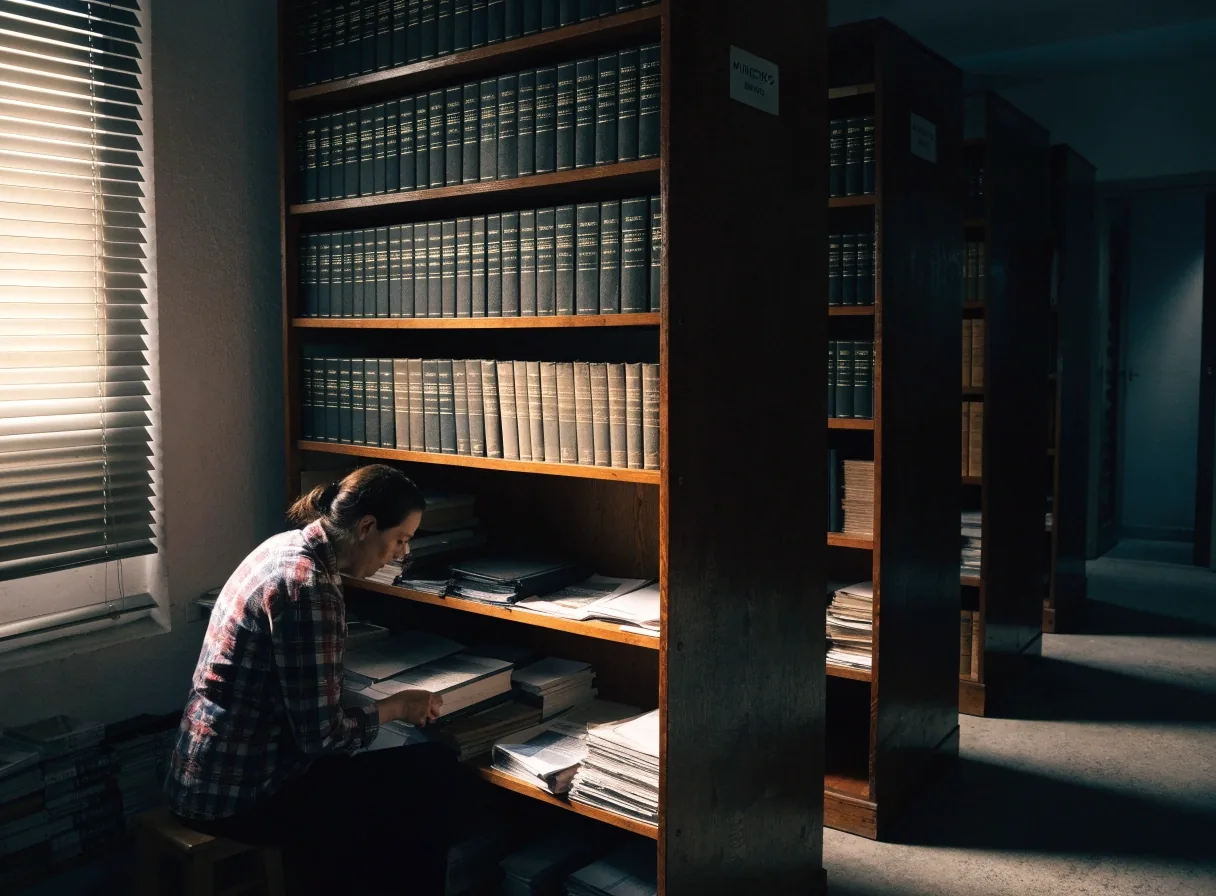 Sala de archivo municipal con estanterías de registros de población y una técnica consultando cifras