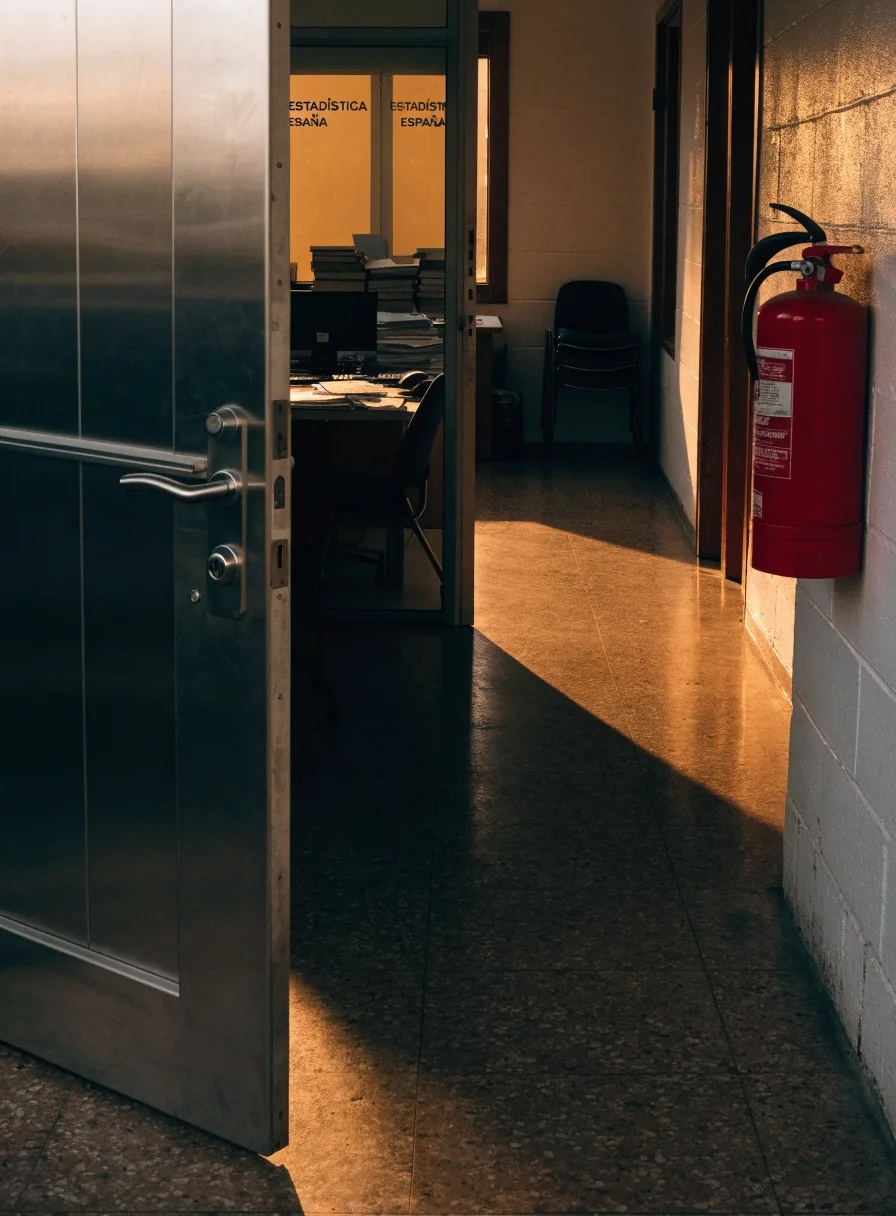 Detalle de un archivador metálico en un centro de documentación estadística, con luz de tarde sobre el suelo