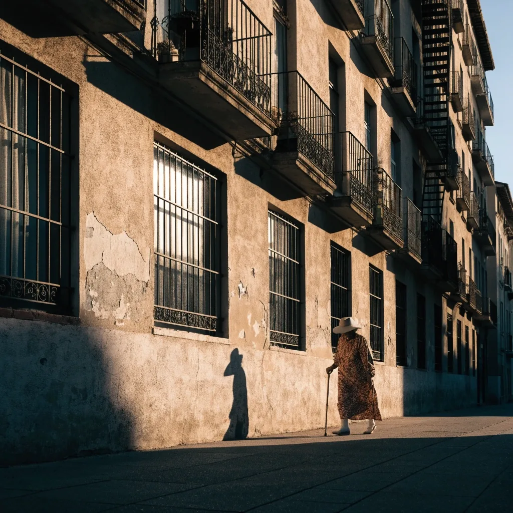 Calle residencial estrecha en una ciudad española con balcones y una persona mayor caminando por la acera al caer la tarde