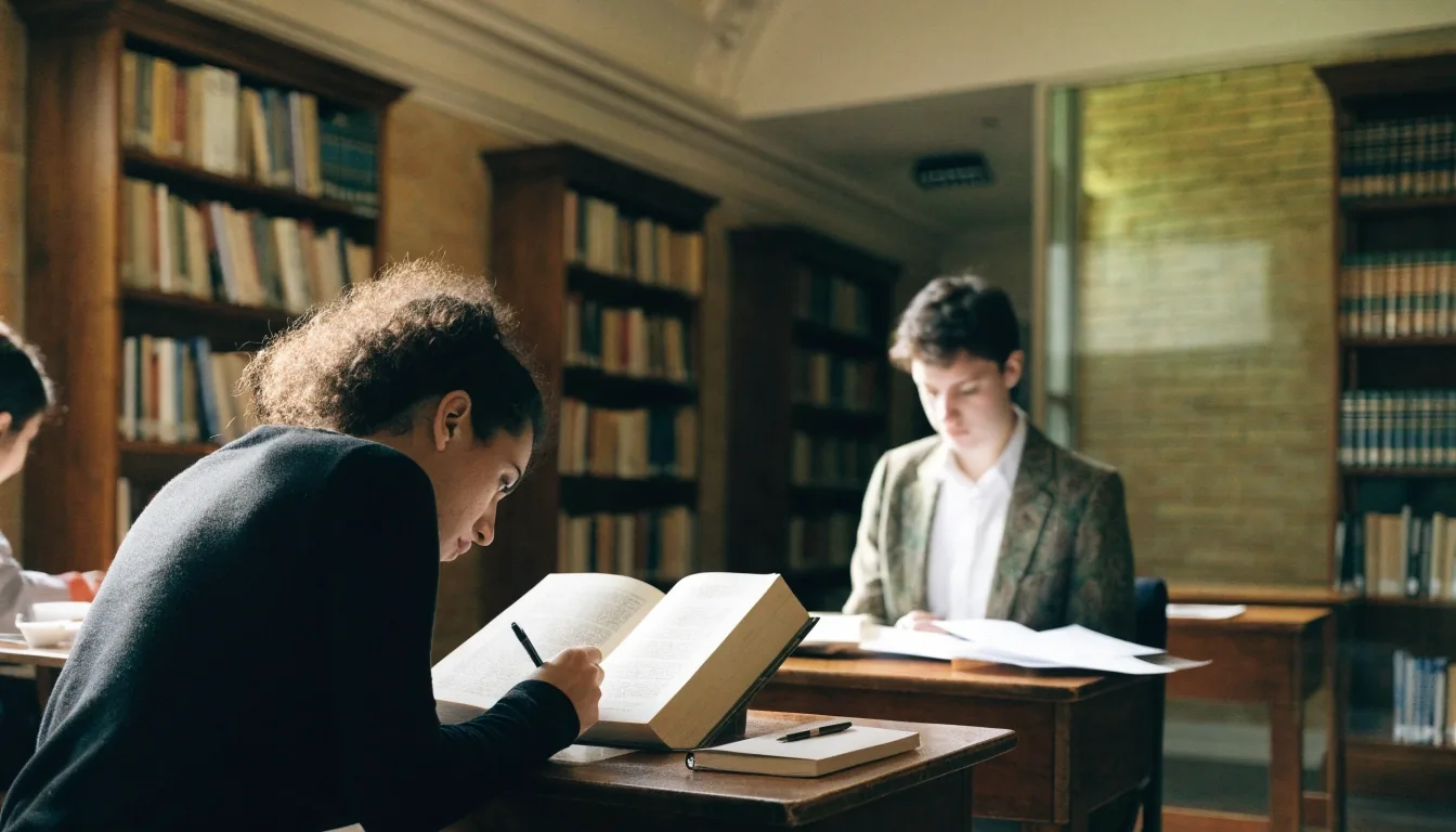 Estudiantes en una sala de lectura universitaria consultando volúmenes de referencia en mesas individuales