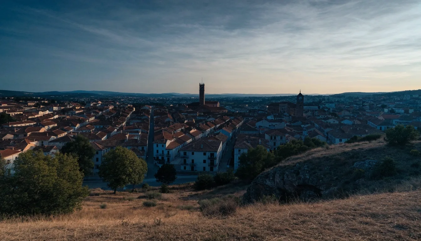 Vista al atardecer de una ciudad española de tamaño medio rodeada de campos y árboles dispersos