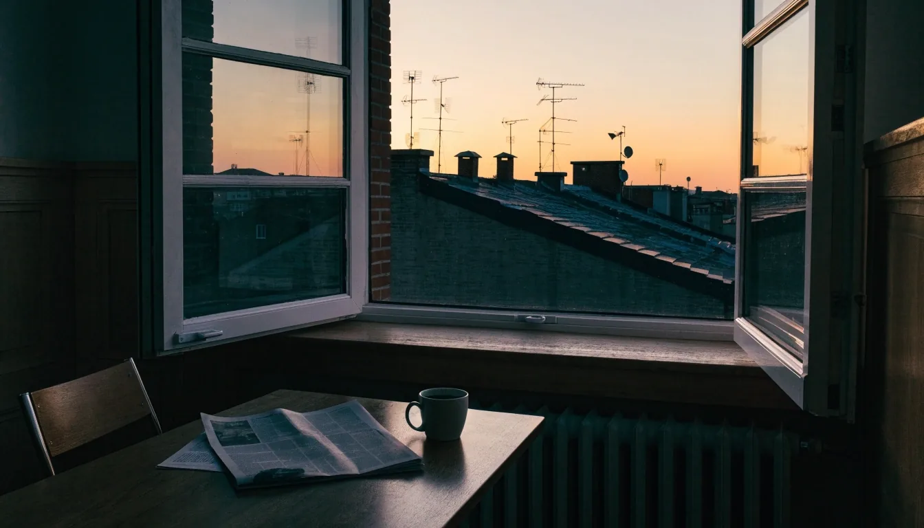 Vista tranquila de una ciudad española al atardecer desde una ventana de oficina