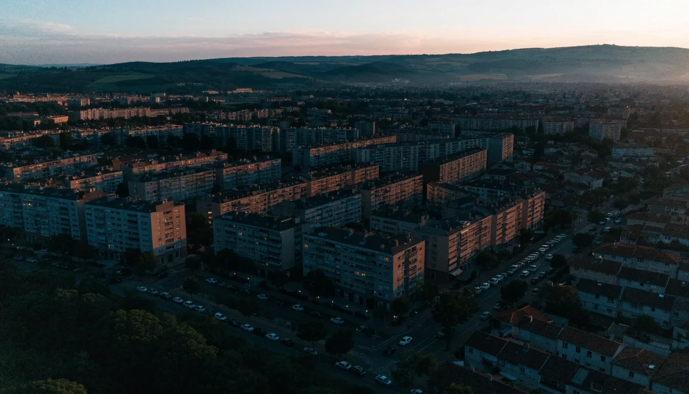 Vista aérea al atardecer de barrios residenciales de una ciudad española