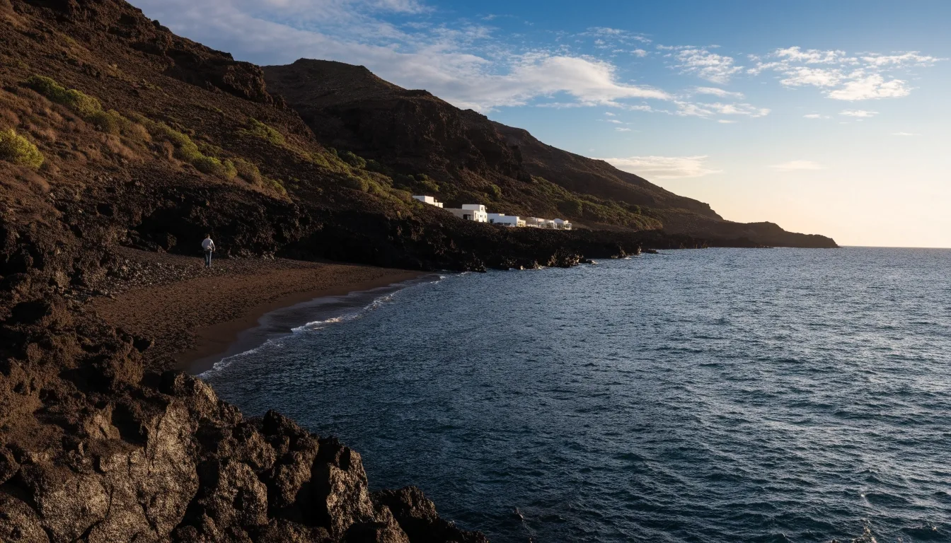 Costa volcánica canaria al atardecer con un pequeño núcleo de casas blancas junto al mar